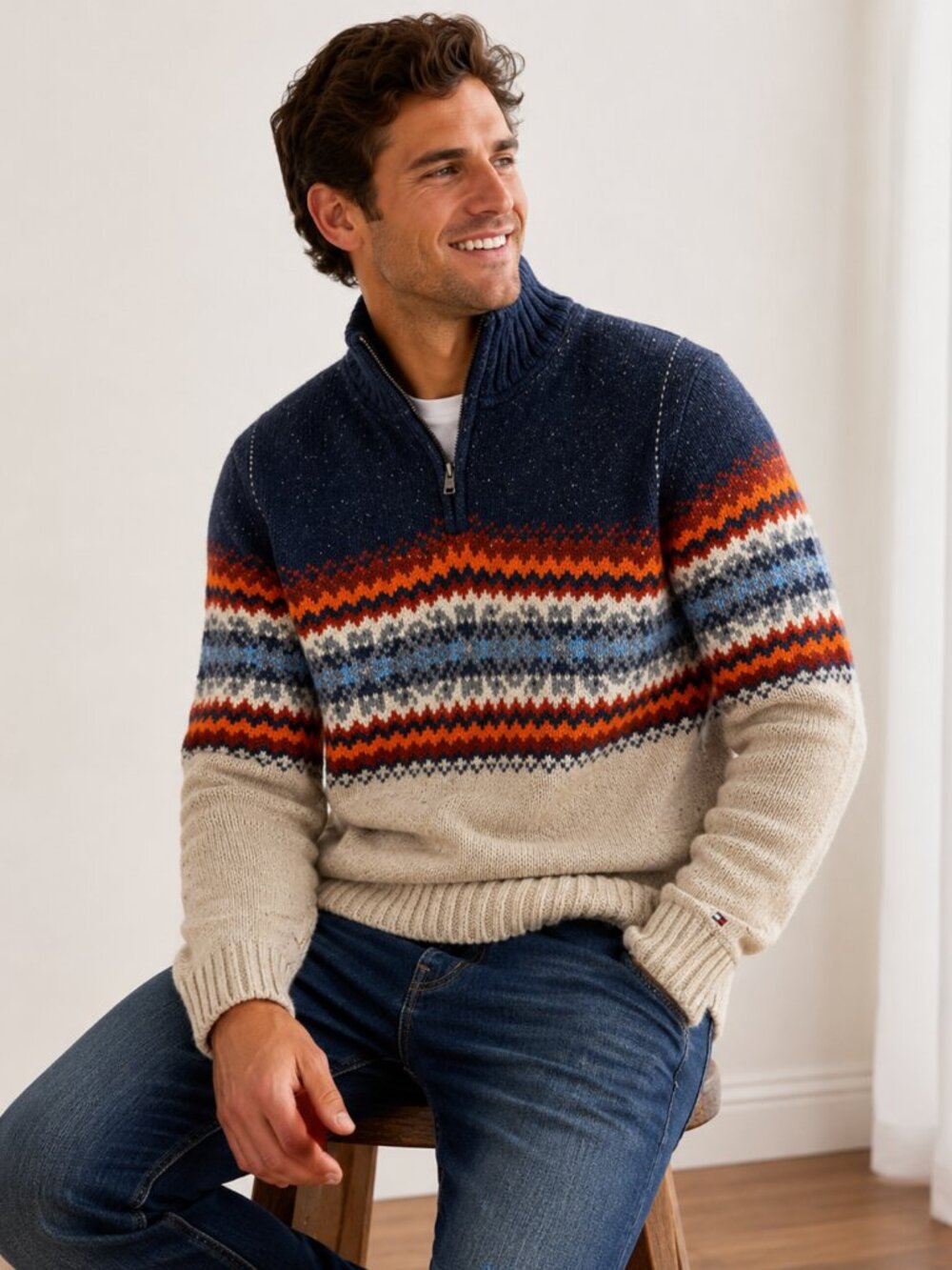 Tommy Hilfiger Men's SZ L 1/4 Zip Wool Silk Blend Fair Isle Sweater Tan Multi
